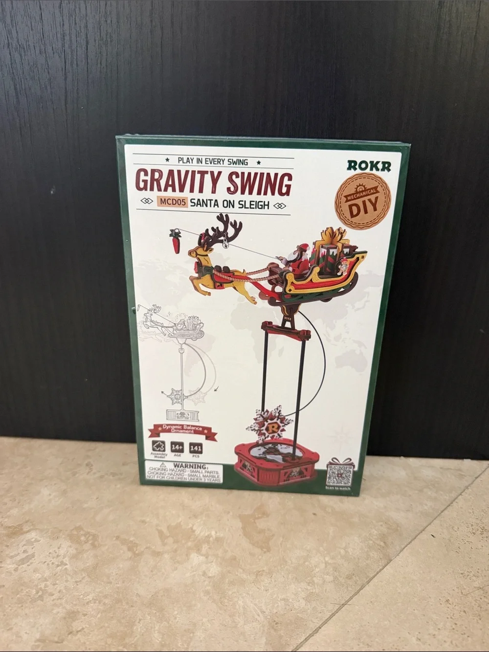 Gravity Swing Santa on Sleigh Kids DIY Wooden Toy - Red/Green